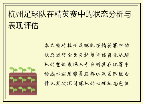 杭州足球队在精英赛中的状态分析与表现评估