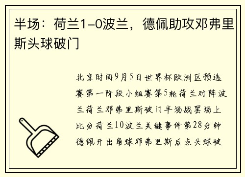 半场：荷兰1-0波兰，德佩助攻邓弗里斯头球破门